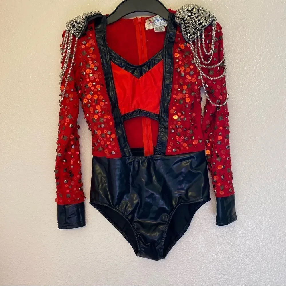 Glamour mature faux leather red goth grunge studed Dance Custom solo costume XLC